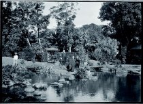 Three priests alongside stream, Moanalua Gardens, Oahu.
